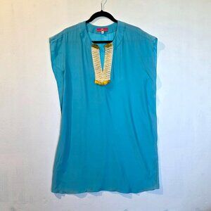 Elaine Turner Silk Shift Dress Small Embroider Fringe Turquoise Blue Resort Boho